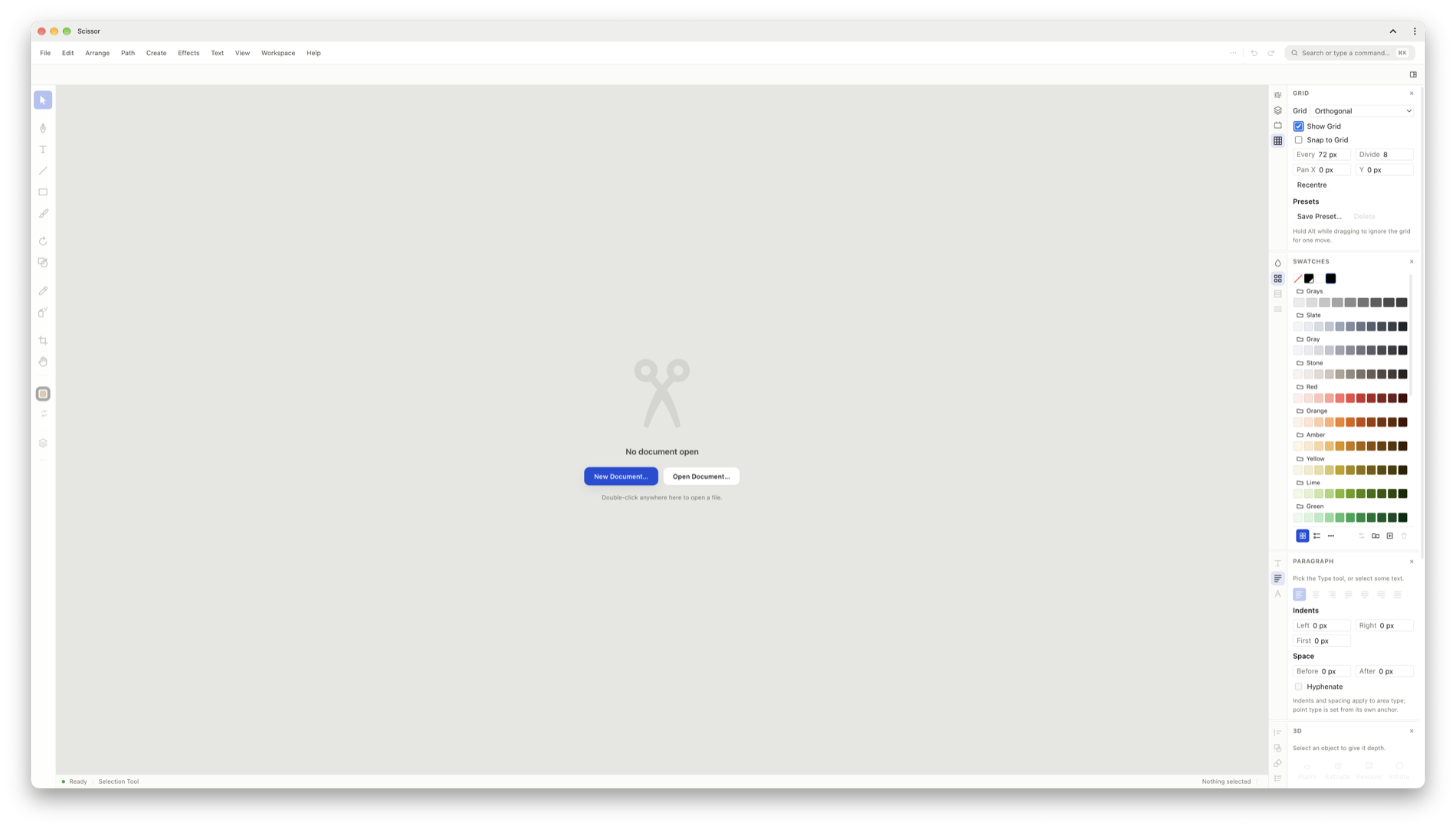 The whole Scissor window: menu bar, control bar, tool palette, canvas and panel dock.