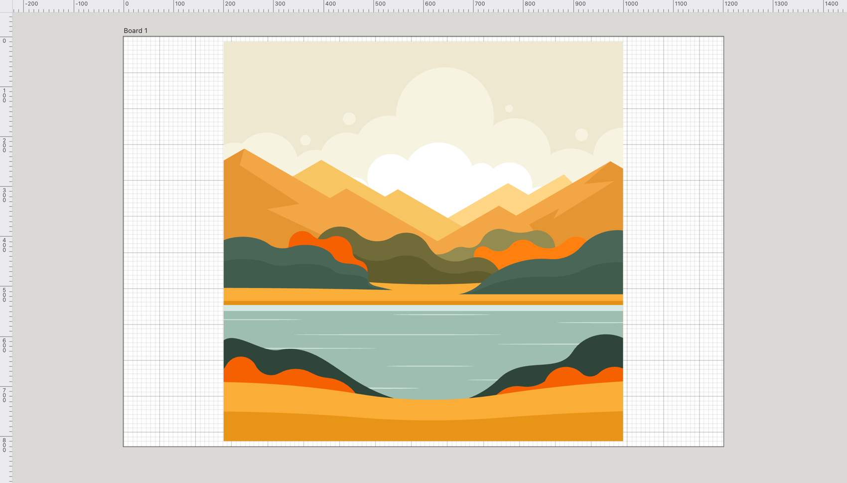 A vector landscape of mountains, sky and a lake, built from flat-filled shapes in Scissor.