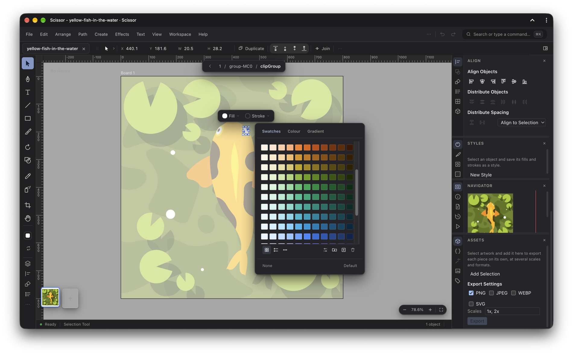 A document open in Scissor with artwork on the board and the Layers and Swatches panels open in the dock.