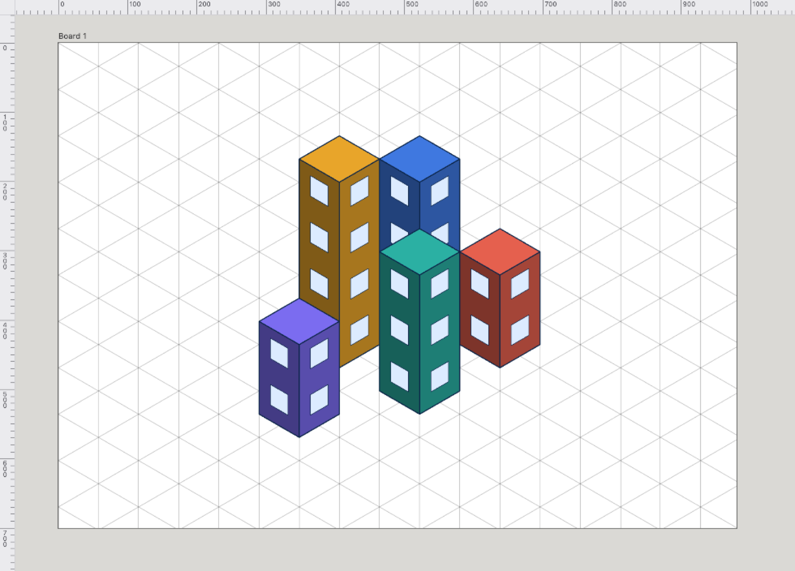 A small town of coloured buildings with windows drawn on Scissor's isometric grid, every edge following a grid line.