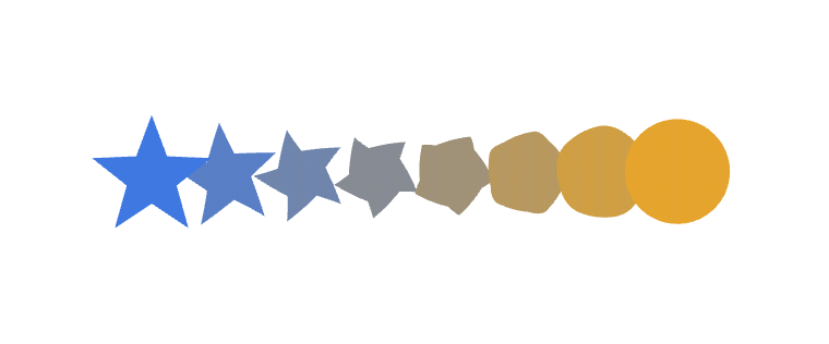 A blue star morphing into an amber circle through a growing row of in-between shapes.