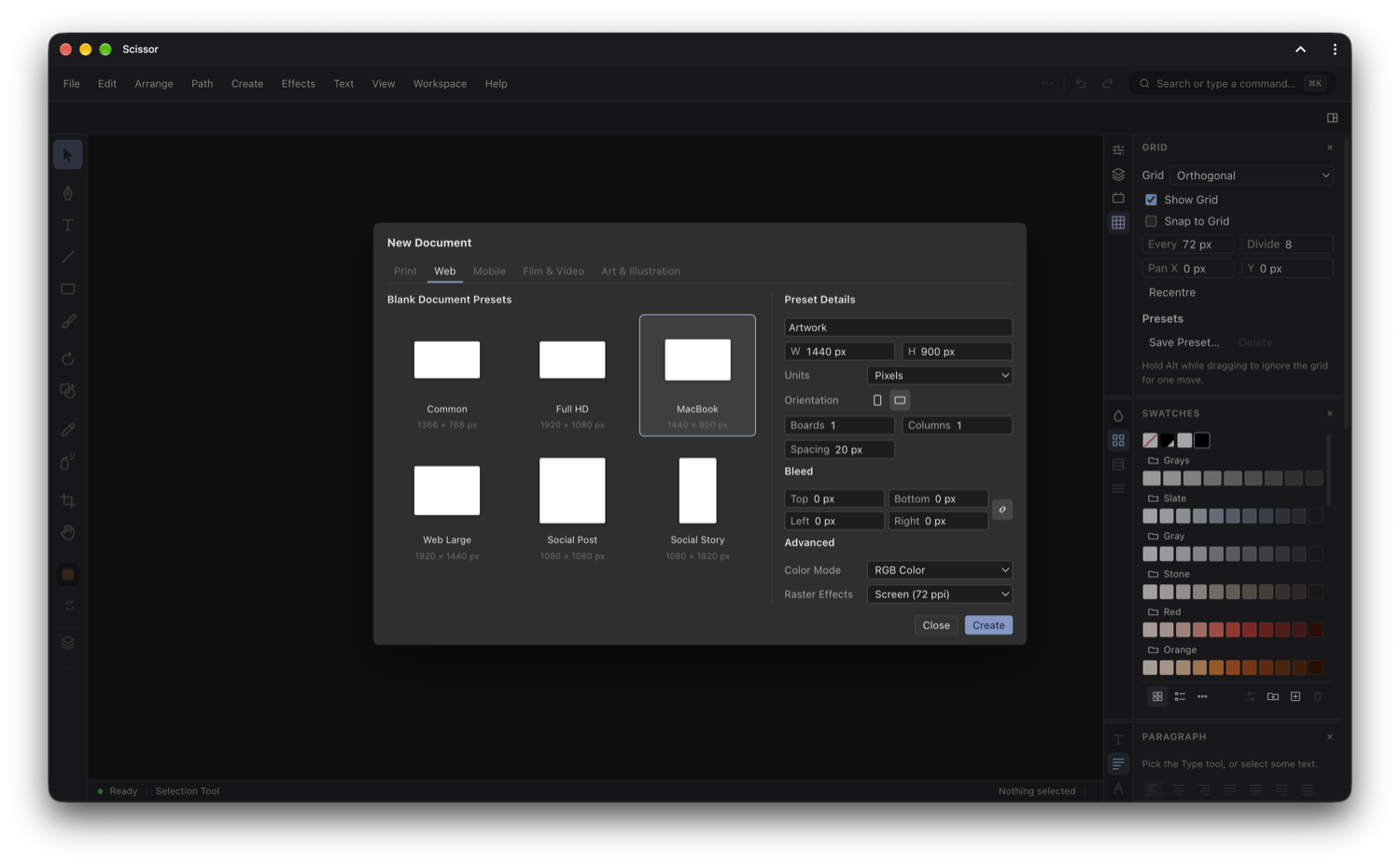 The New Document dialog in Scissor, with size presets grouped by use on the left and document settings on the right.
