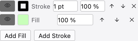 The Paint Stack panel listing a stroke and a fill with visibility and opacity.
