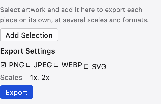 The Asset Export panel with collected assets and format presets.