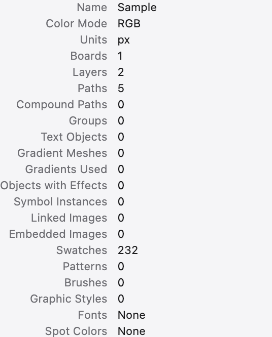 The Document Info panel listing counts and settings for the document.