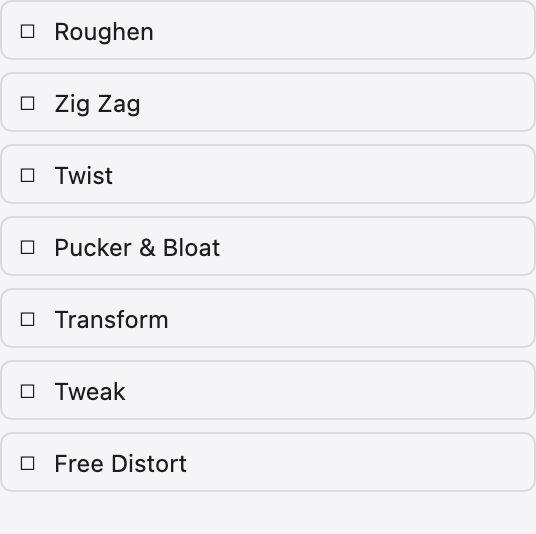 The Distort and Transform effects panel with pucker, twist, zig zag, roughen and transform.