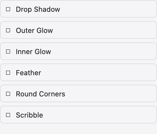 The Stylize effects panel listing drop shadow, glows, feather, round corners and Sketch Fill.