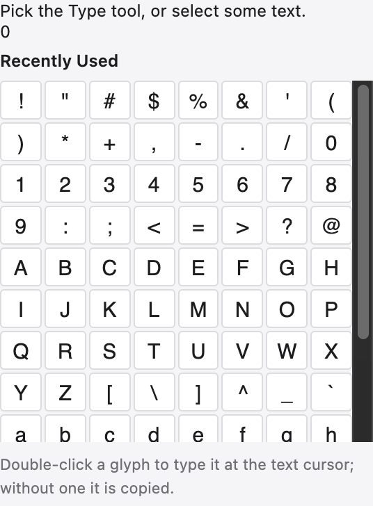 The Glyphs panel showing every character in a font.
