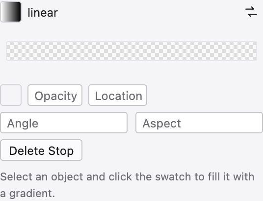 The Gradient panel with a gradient ramp, type and angle controls and stop settings.