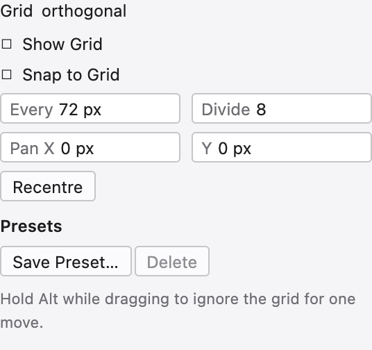 The Grid panel with kind, spacing, subdivisions, angle and origin.