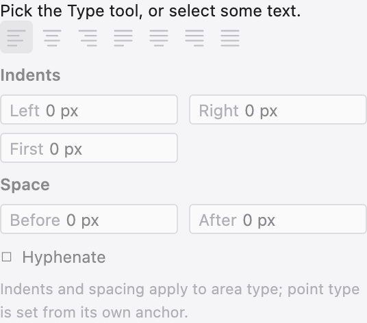 The Paragraph panel with alignment, indents, space before and after, and hyphenation.