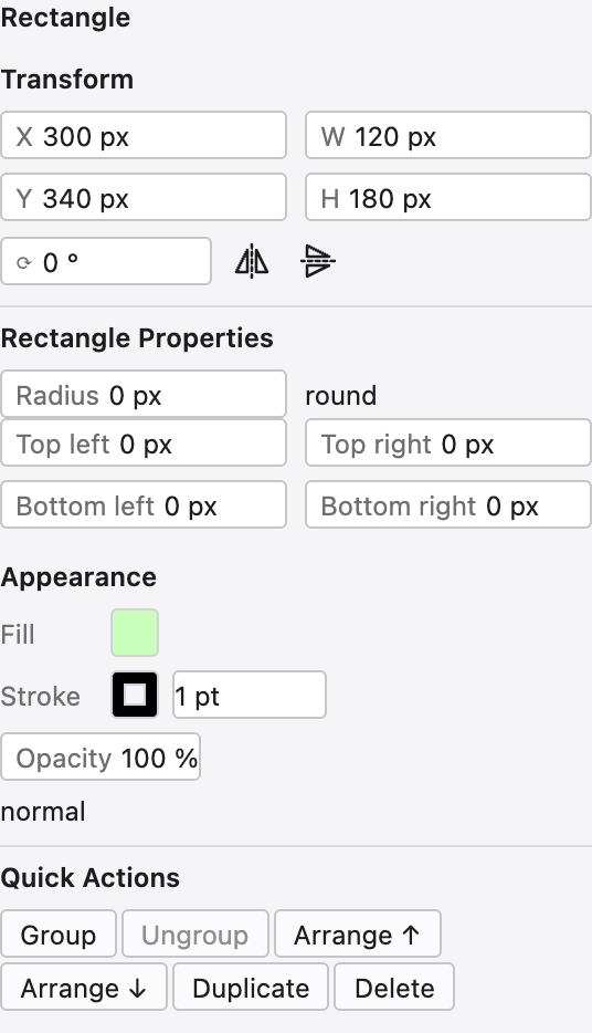 The Properties panel in Scissor showing Transform, shape properties, appearance and quick actions for a selected rectangle.