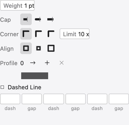 The Stroke panel with weight, cap, join, alignment, dashes, arrowheads and a width profile.