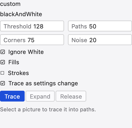 The Vectorize panel with mode, preset, threshold and path controls.