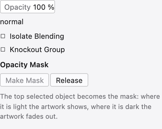 The Transparency panel with blend mode, opacity and an opacity mask.