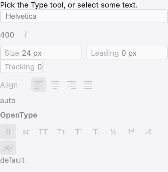 The Character panel with font, size, leading, tracking, kerning and OpenType controls.