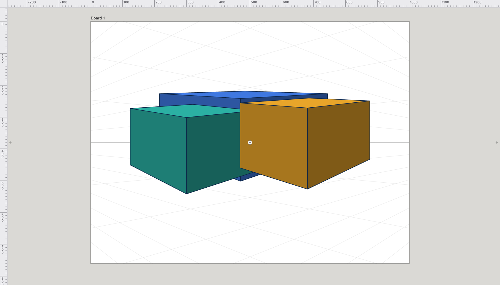 Three coloured boxes drawn in two-point perspective on the grid, their edges converging to the vanishing points.